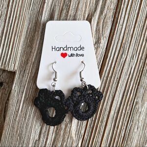 Hand Crafted Crochet Paw Print Fish Hook Earrings Black Puppy Lovers Silver